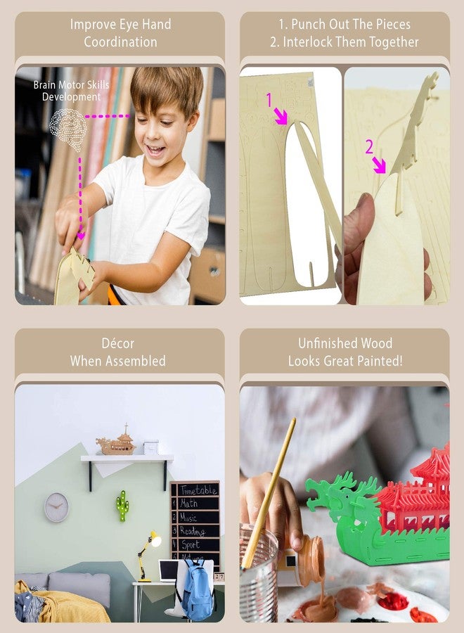 بازلد مجموعة بناء نموذج قارب التنين ثلاثي الأبعاد من الخشب، لعبة خشبية ممتعة وفريدة من نوعها وتعليمية، نموذج تجميع غير مكتمل، أحجية للبناء والتلوين للزينة، عبوة من 141 قطعة - Image 3